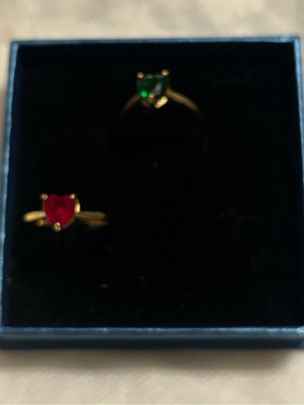 Source Unknown Gold Heart Rings with Red and Green Stones Gold Tone bands
